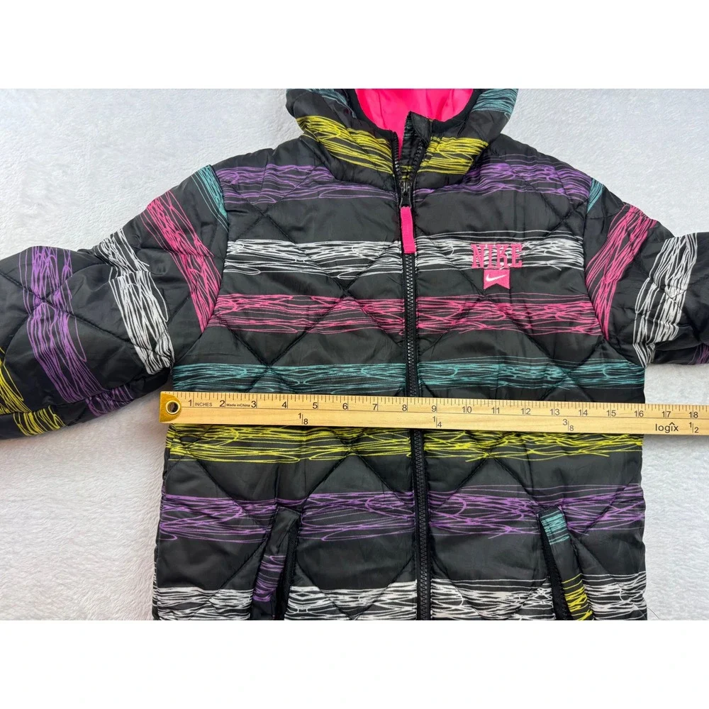 Nike Girls Puffer Jacket Scribble Stripe Quilted Hooded Coat Size M 10-12